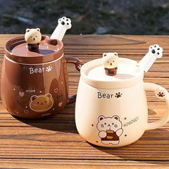 Cute Bear Shaped Cup with Spoon and Lid – Adorable Ceramic Mug for Hot and Cold image 0