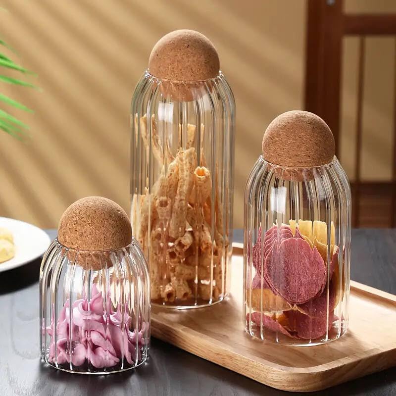 3 Piece Ribbed Glass Jar Set with Cork Ball Lid image 0