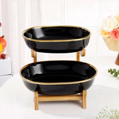 Elegant Two-Tier Ceramic Fruit Plate with Wooden Holder – Stylish Table Décor image 1