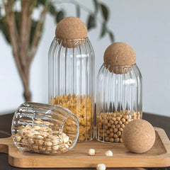 3 Piece Ribbed Glass Jar Set with Cork Ball Lid image 1