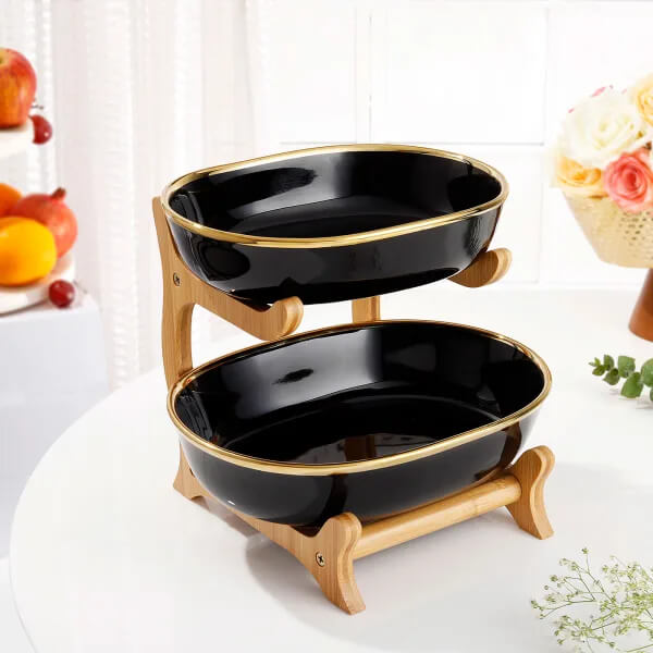 Elegant Two-Tier Ceramic Fruit Plate with Wooden Holder – Stylish Table Décor image 0