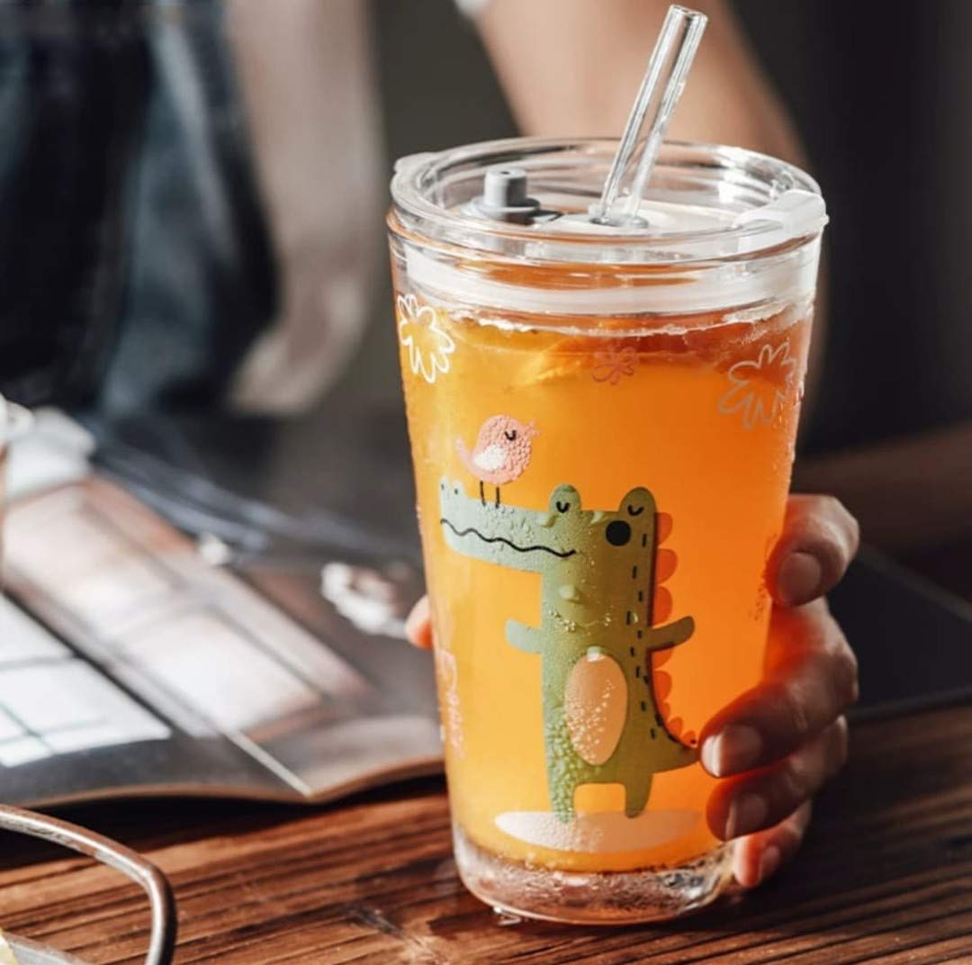 Dinosaur Printed Sipper Glass with Straw - 350ML, Fun & Colorful sipper for kids image 0