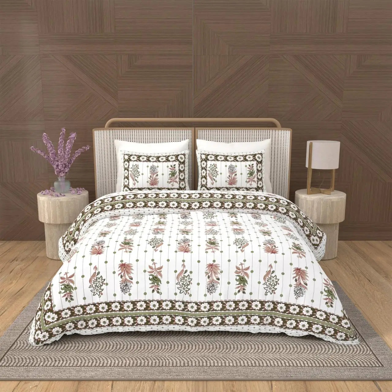 Jaipuri Cotton Double Bed Sheet with 2 Pillow Covers - Floral motifs