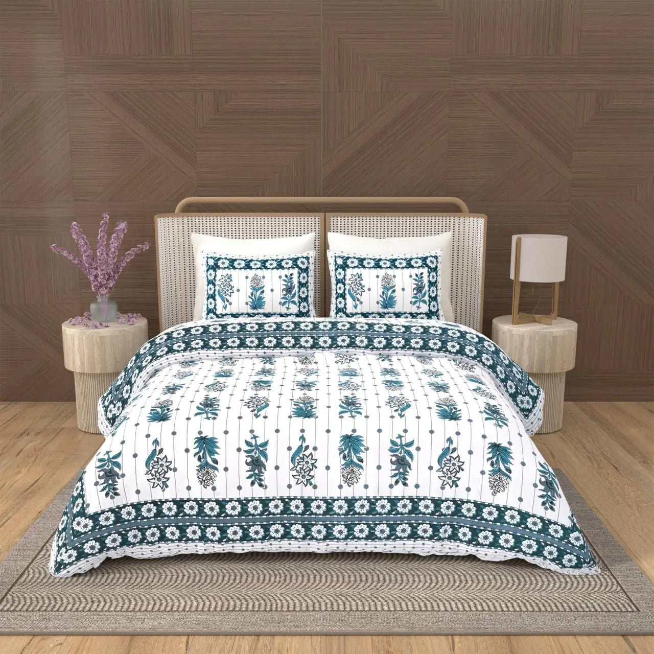 Jaipuri Cotton Double Bed Sheet with 2 Pillow Covers - Floral motifs