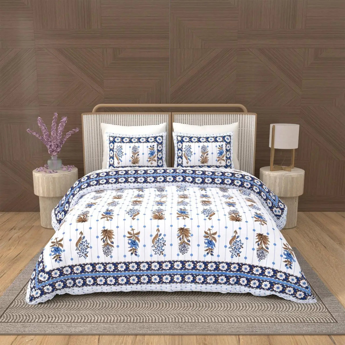 Jaipuri Cotton Double Bed Sheet with 2 Pillow Covers - Floral motifs