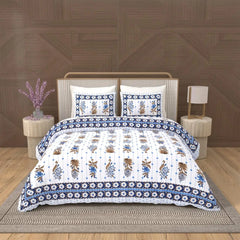 Jaipuri Cotton Double Bed Sheet with 2 Pillow Covers - Floral motifs
