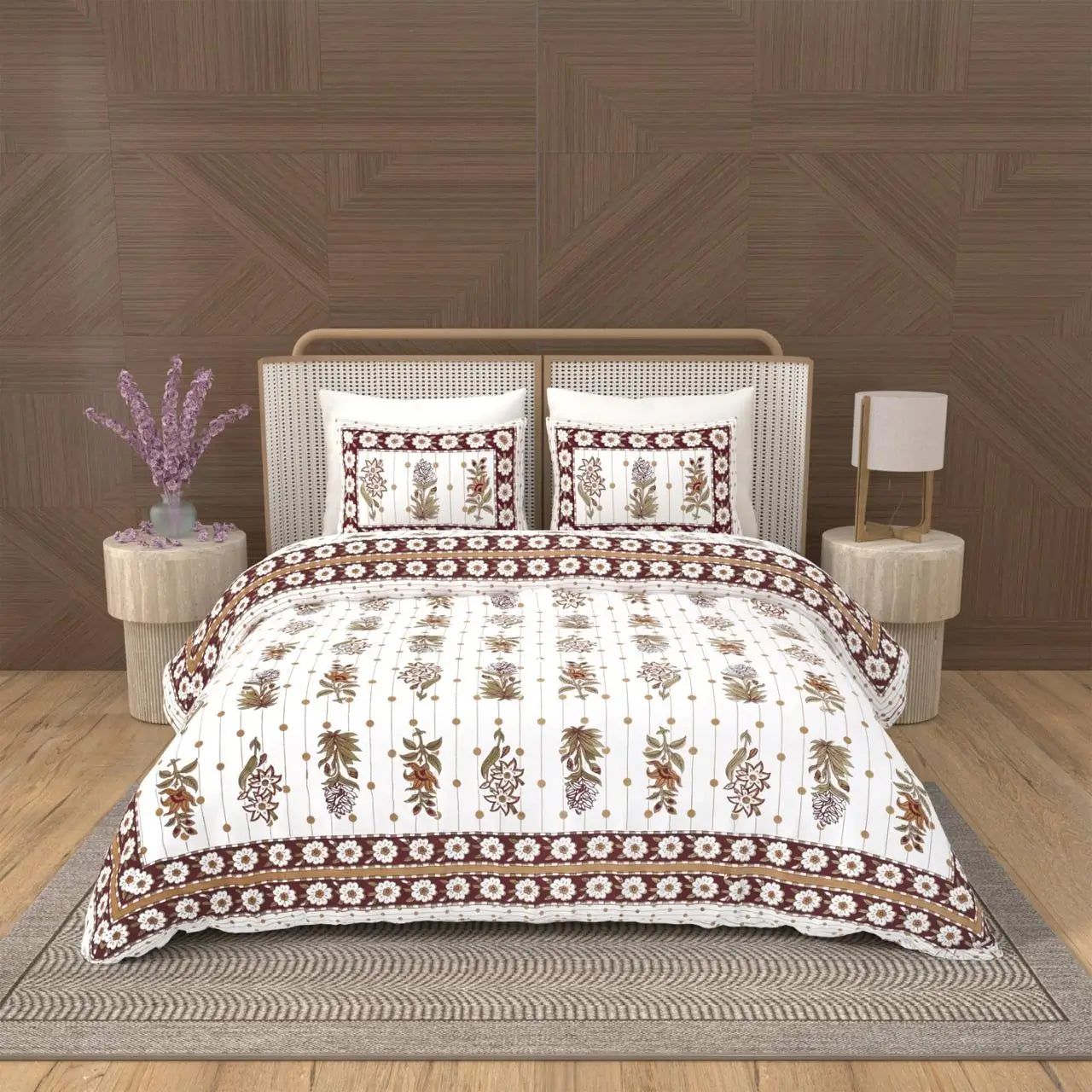 Jaipuri Cotton Double Bed Sheet with 2 Pillow Covers - Floral motifs