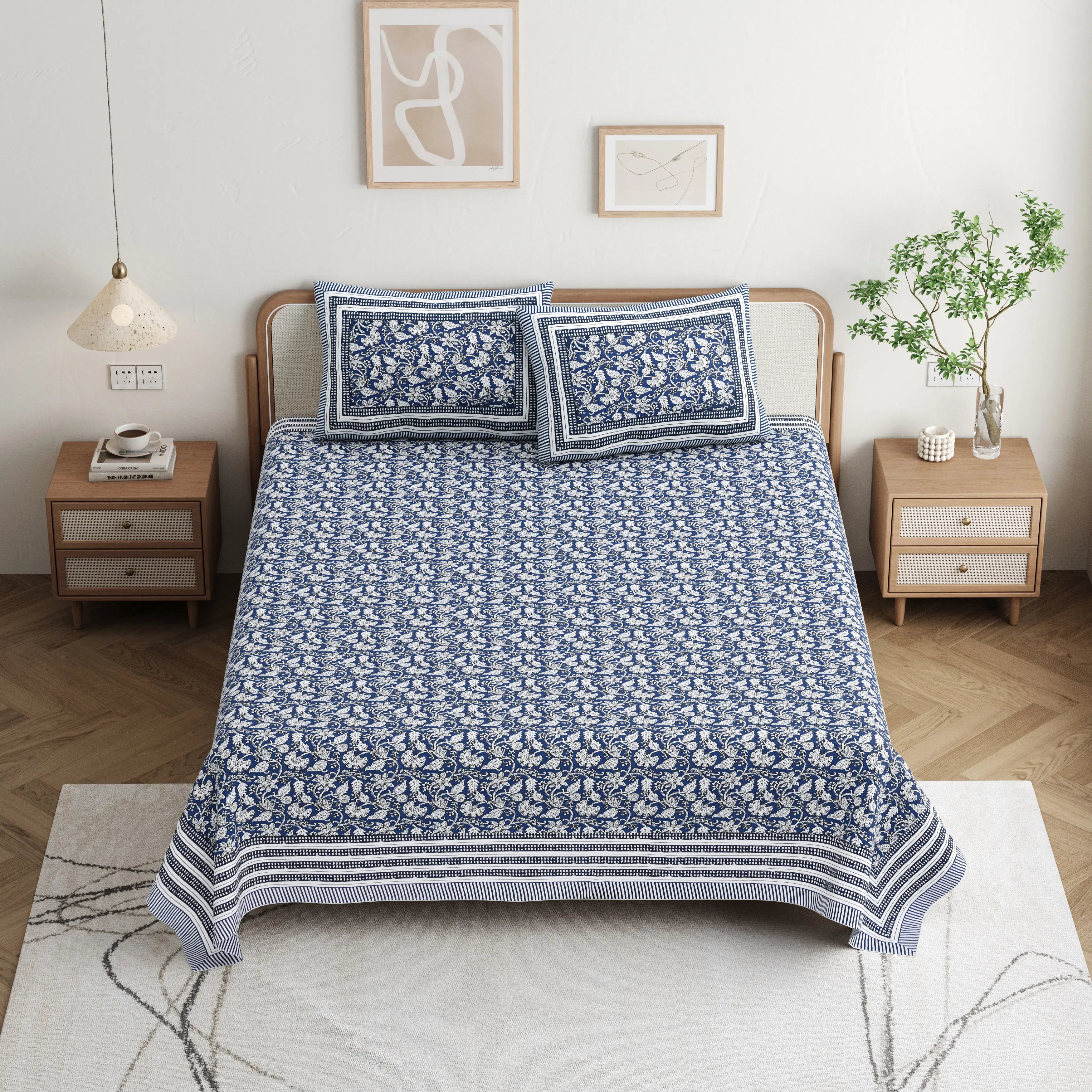 Jaipuri Cotton Double Bed Sheet with 2 Pillow Covers - Floral motifs