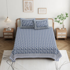 Jaipuri Cotton Double Bed Sheet with 2 Pillow Covers - Floral motifs