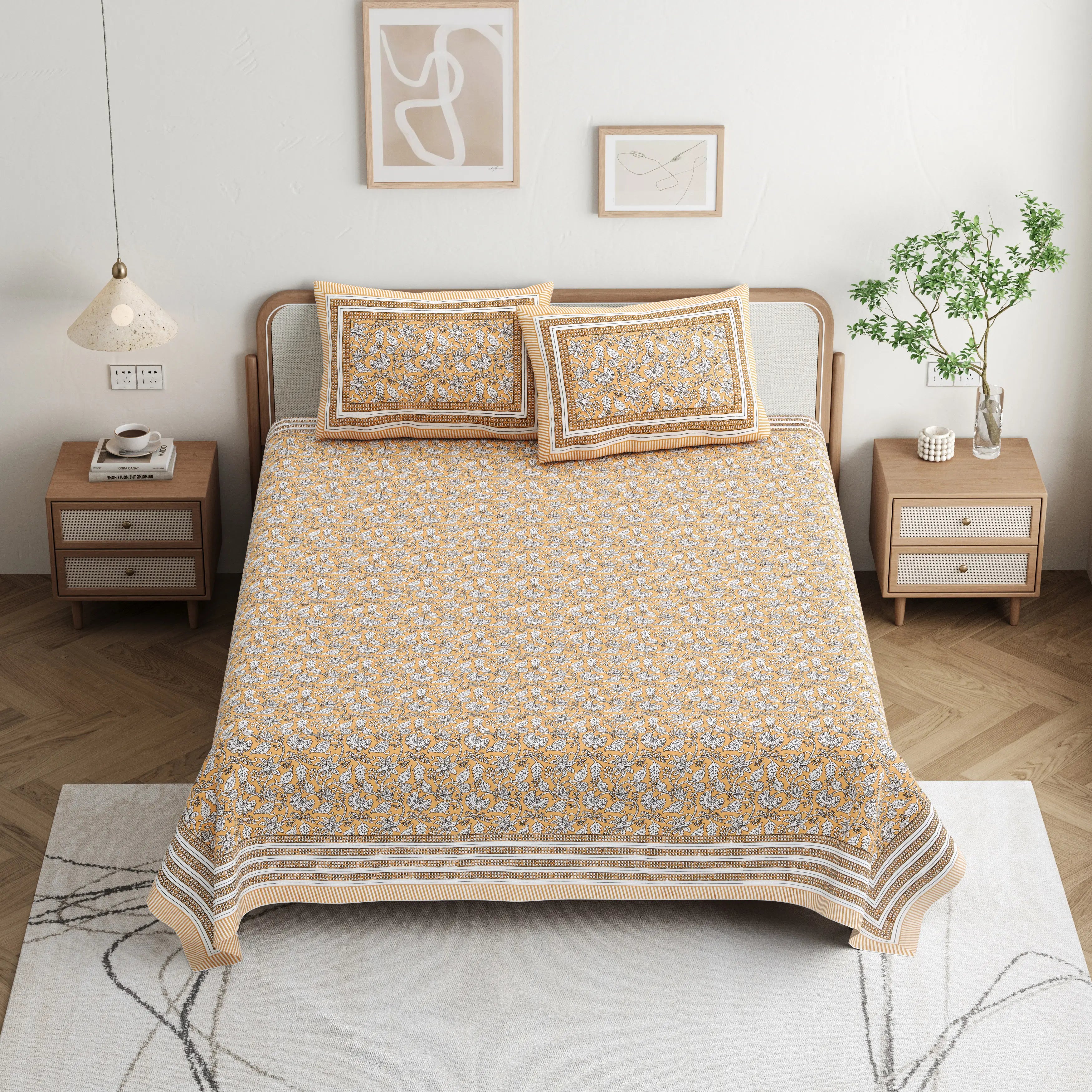 Jaipuri Cotton Double Bed Sheet with 2 Pillow Covers - Floral motifs