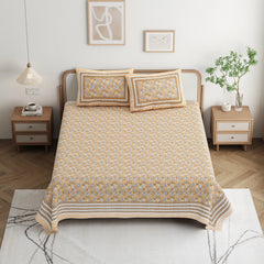 Jaipuri Cotton Double Bed Sheet with 2 Pillow Covers - Floral motifs