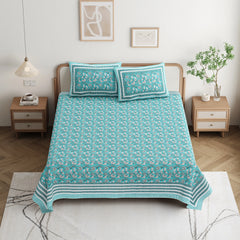 Jaipuri Cotton Double Bed Sheet with 2 Pillow Covers - Floral motifs