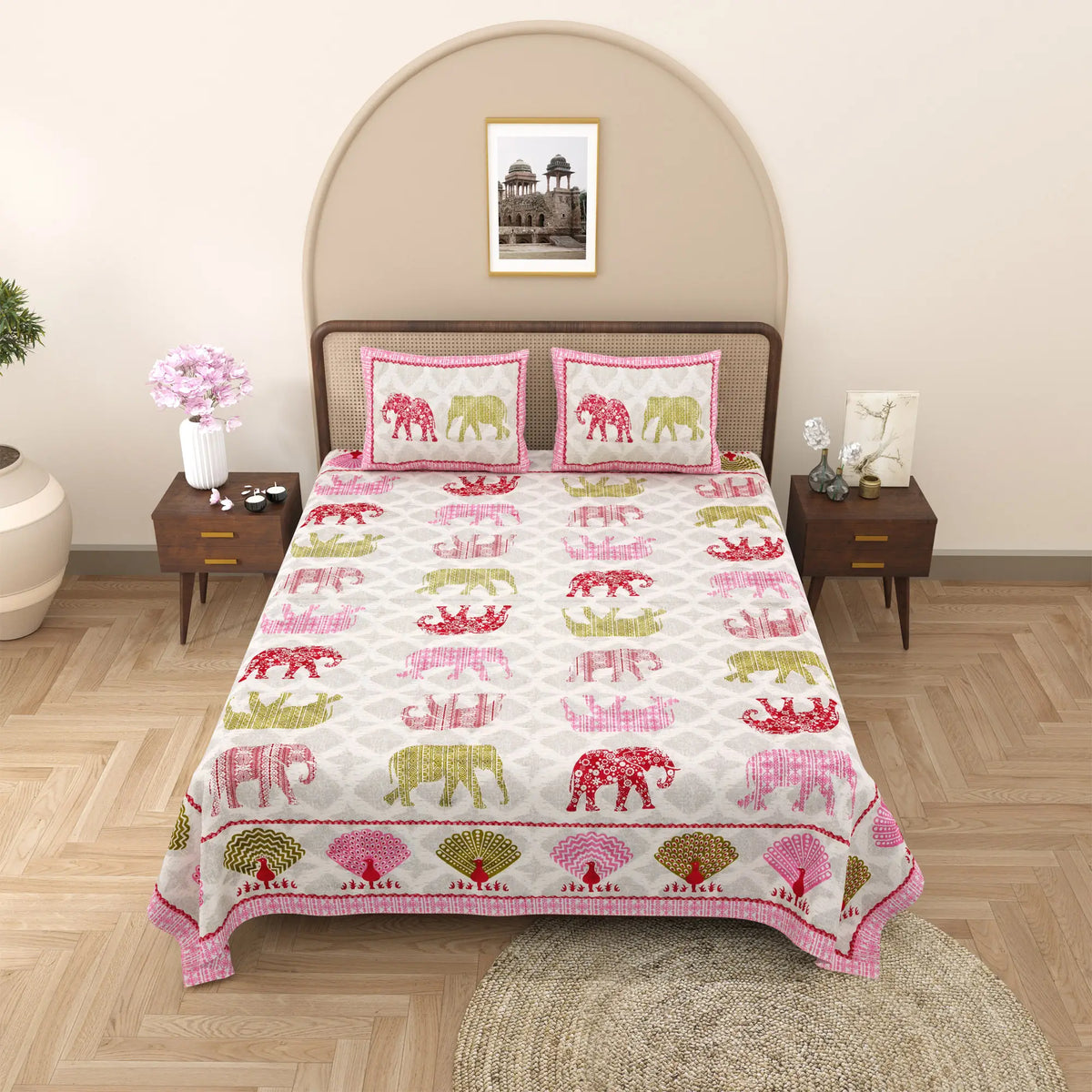 Jaipuri Cotton Double Bed Sheet with 2 Pillow Covers – Elephant Print