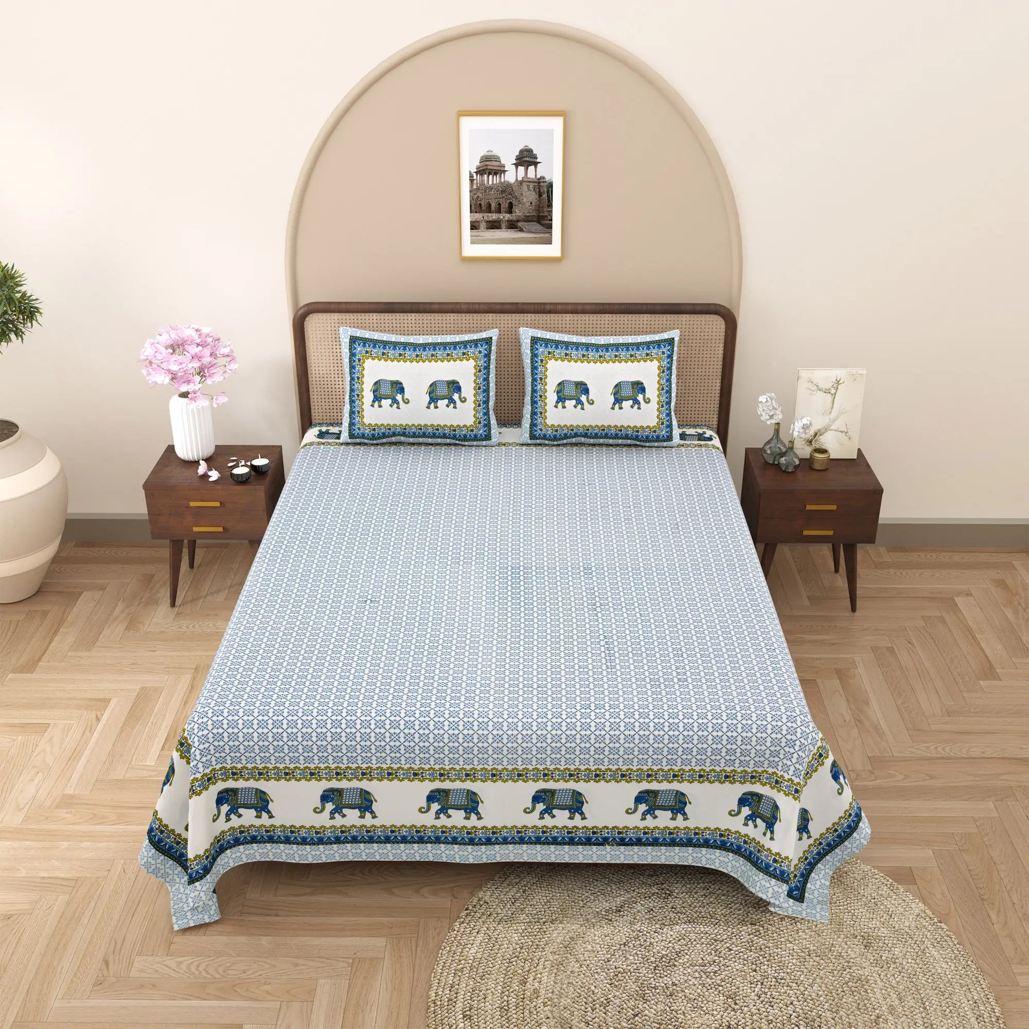 Jaipuri Cotton Double Bed Sheet with 2 Pillow Covers –  Block Elephants