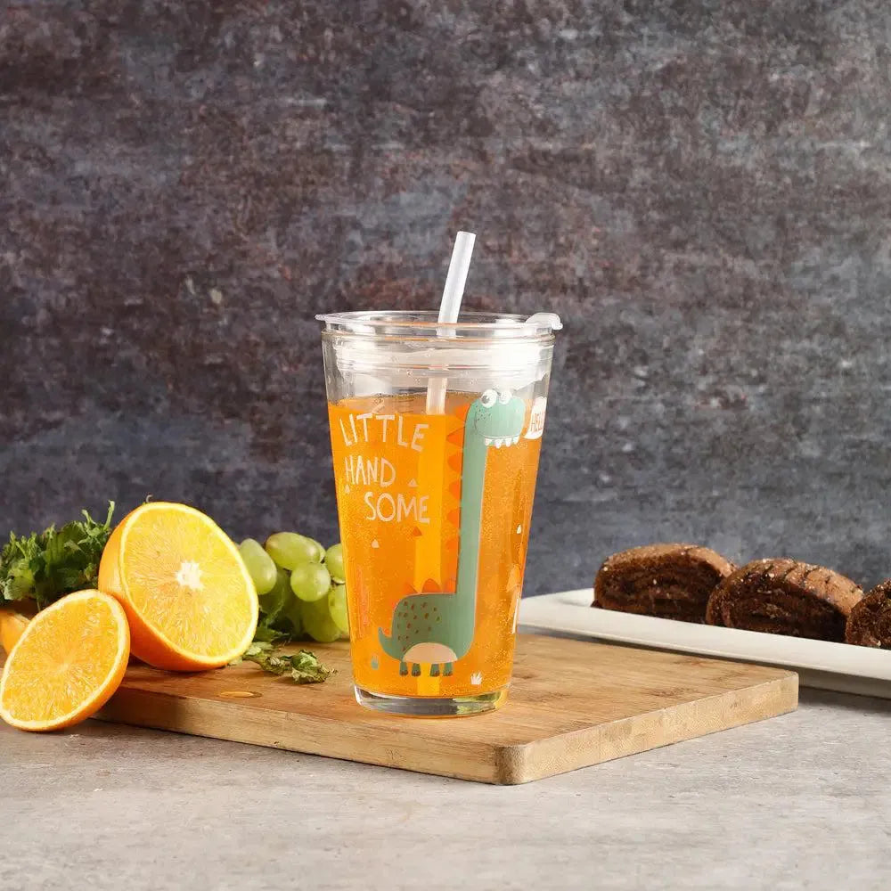 Dinosaur Printed Sipper Glass with Straw - 350ML, Fun & Colorful sipper for kids image 1