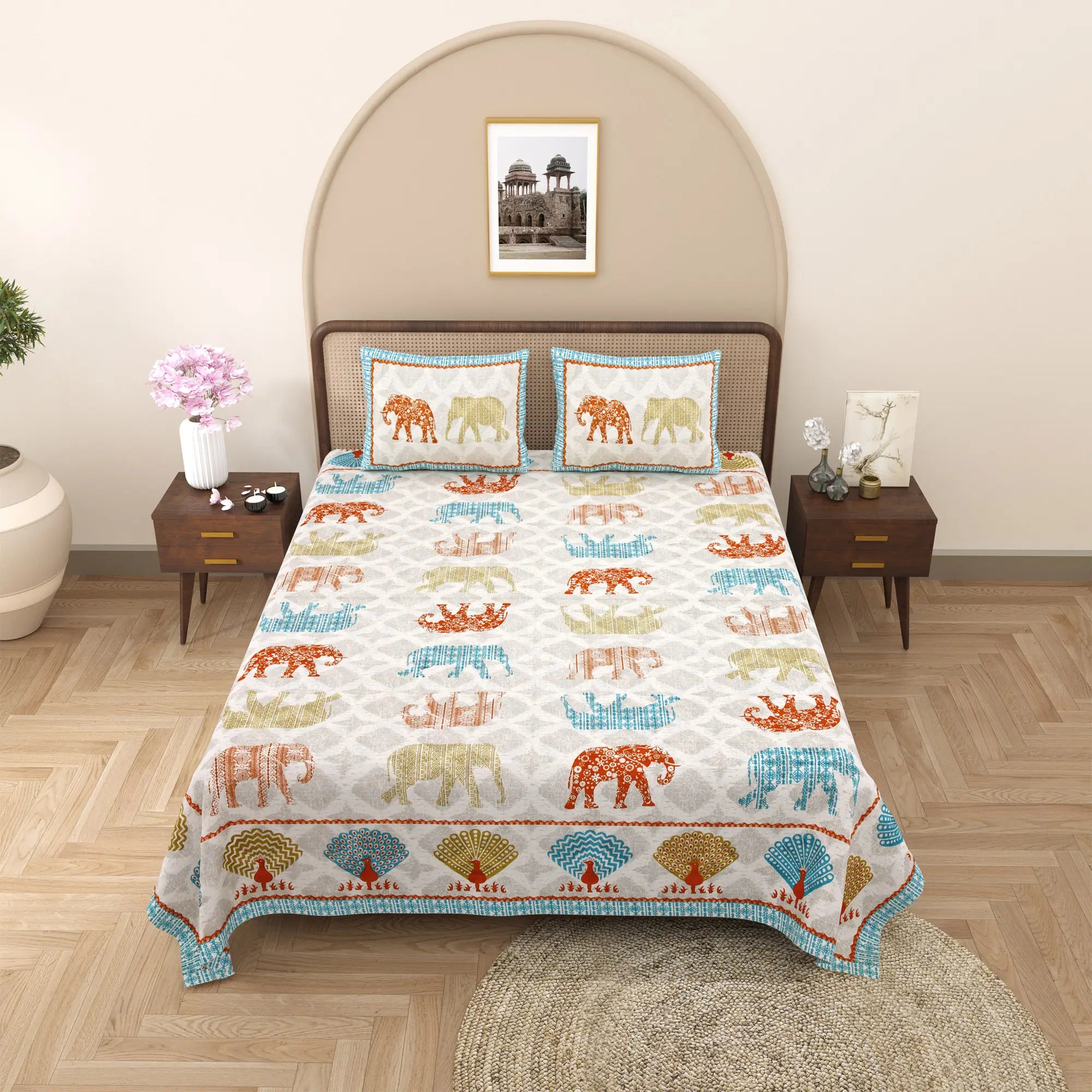 Jaipuri Cotton Double Bed Sheet with 2 Pillow Covers – Elephant Print