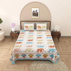 Jaipuri Cotton Double Bed Sheet with 2 Pillow Covers – Elephant Print