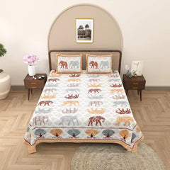 Jaipuri Cotton Double Bed Sheet with 2 Pillow Covers – Elephant Print