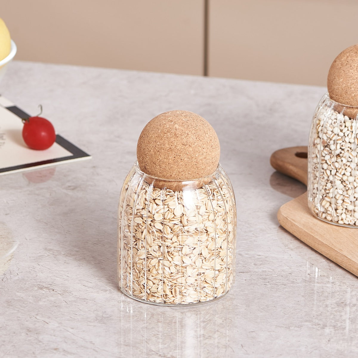 Ribbed Glass Jar with cork lid for storage image 1