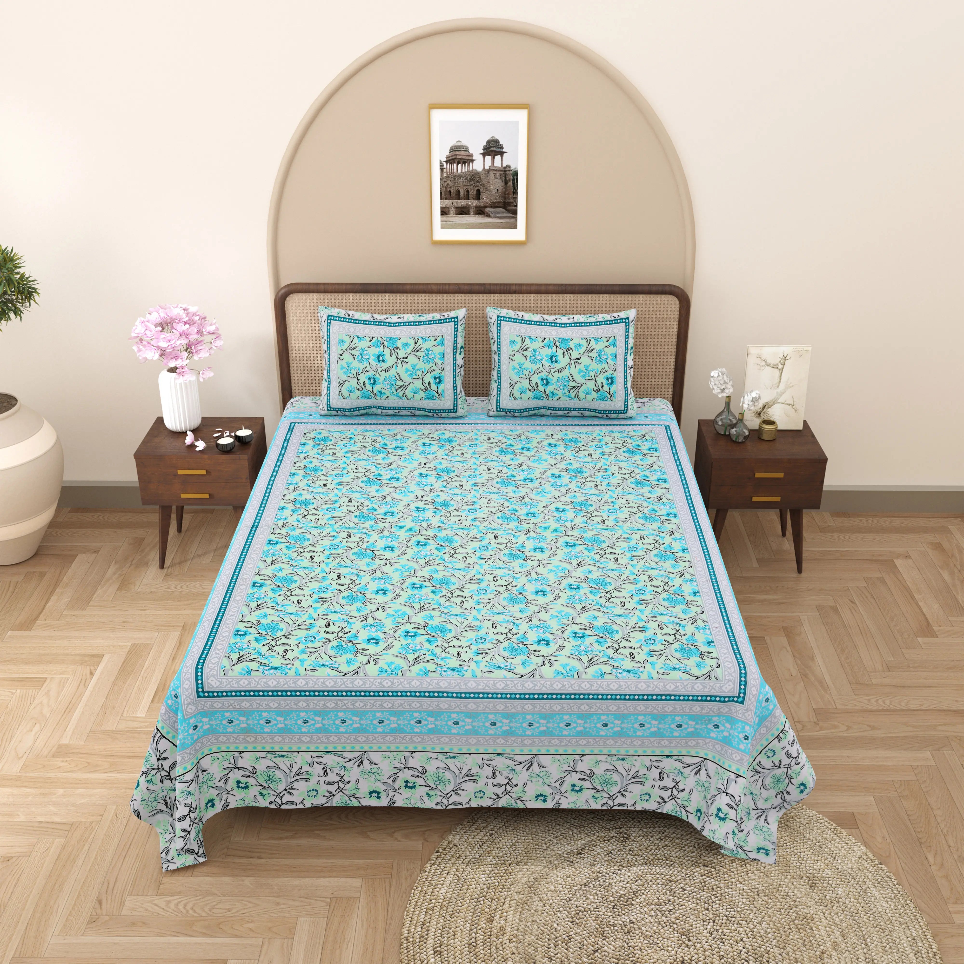 Jaipuri Cotton Double Bed Sheet with 2 Pillow Covers –  Blooming Flowers