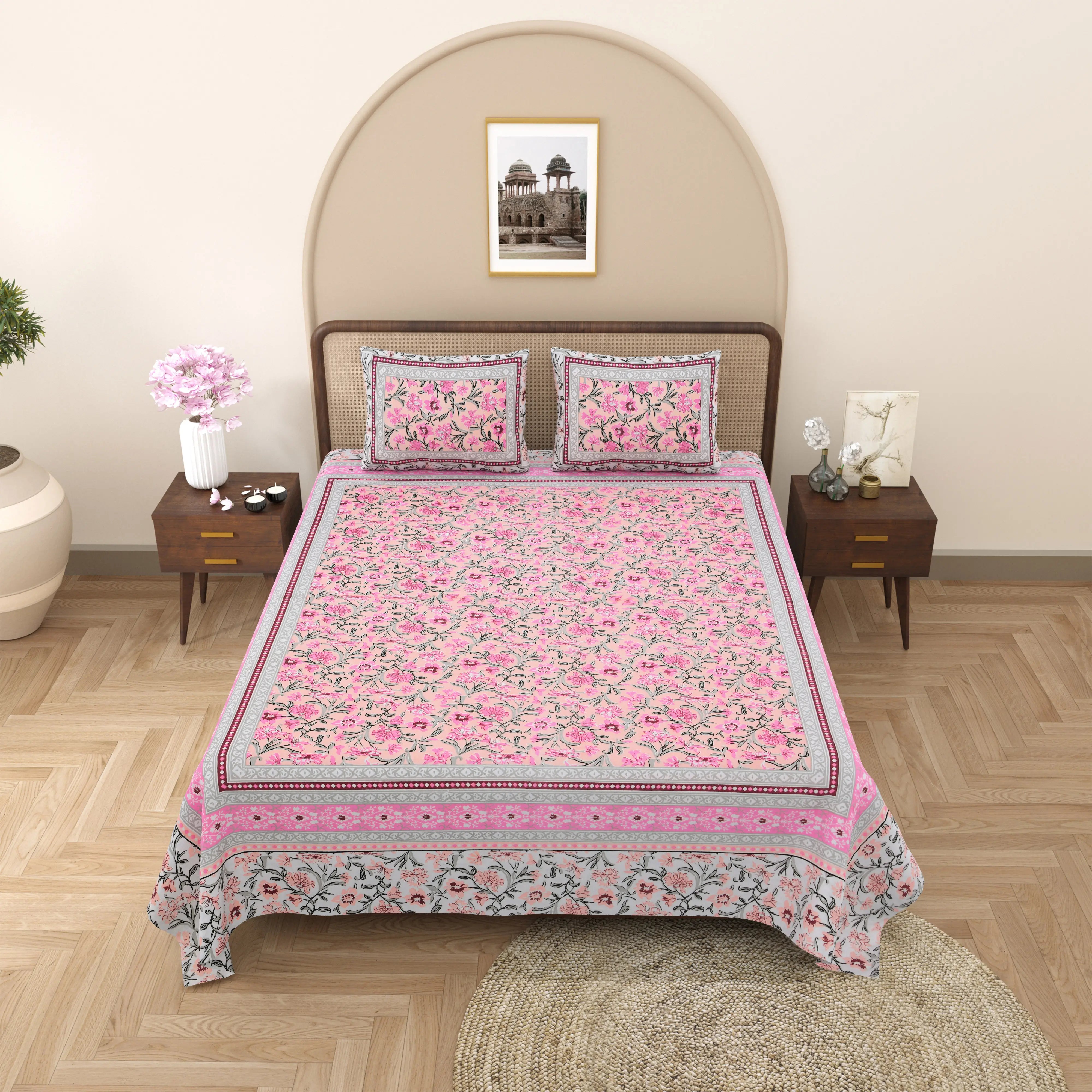 Jaipuri Cotton Double Bed Sheet with 2 Pillow Covers –  Blooming Flowers