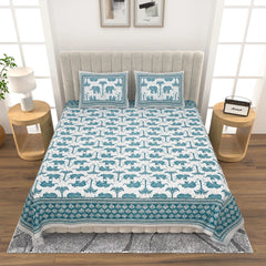 Jaipuri Cotton Double Bed Sheet with 2 Pillow Covers - elephant with Palms