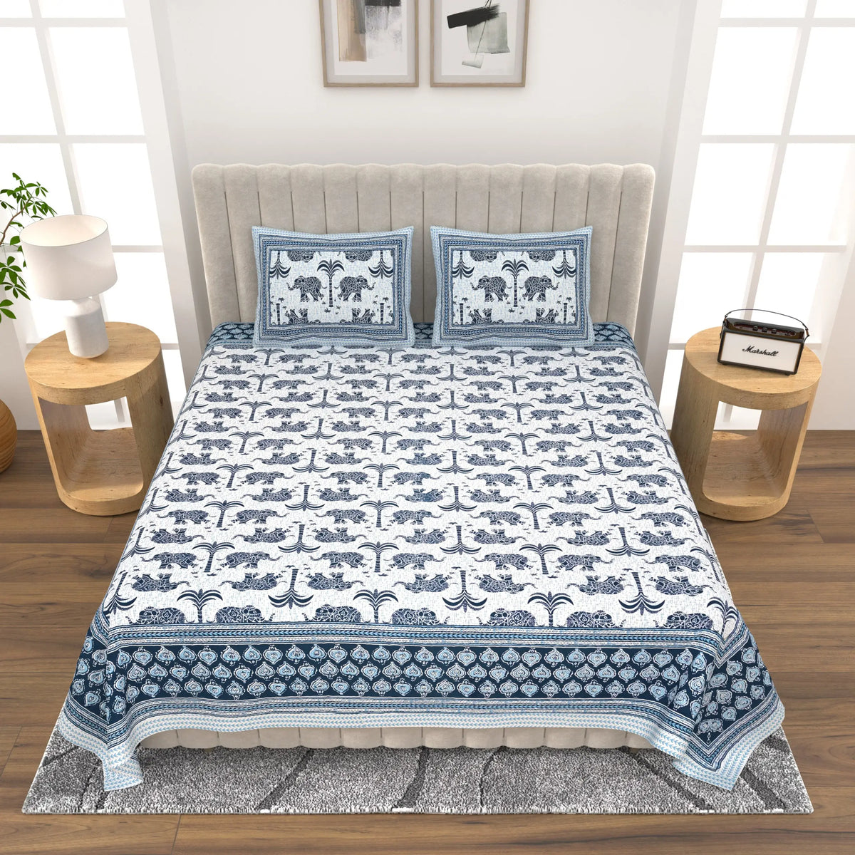 Jaipuri Cotton Double Bed Sheet with 2 Pillow Covers - elephant with Palms