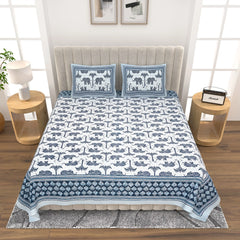Jaipuri Cotton Double Bed Sheet with 2 Pillow Covers - elephant with Palms