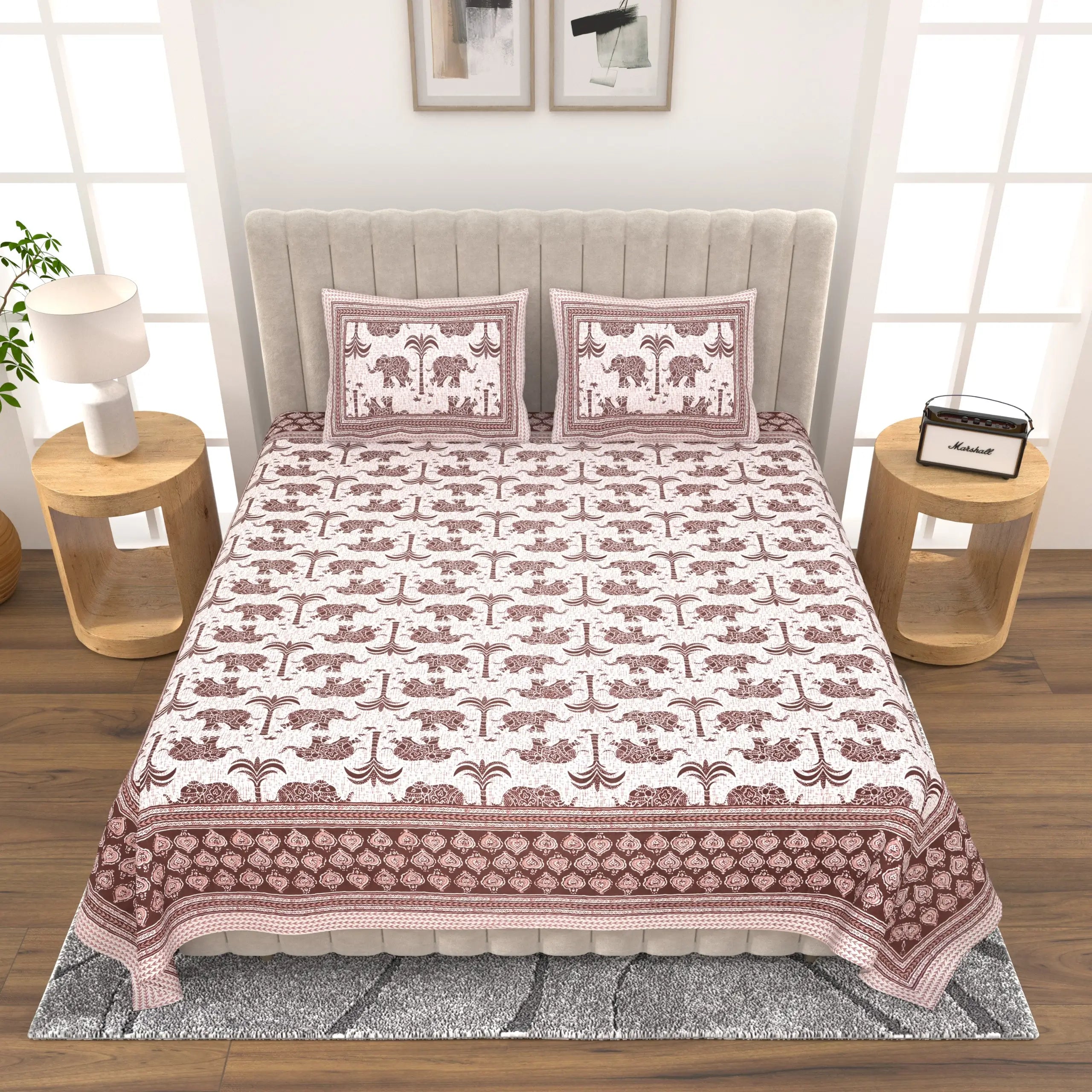 Jaipuri Cotton Double Bed Sheet with 2 Pillow Covers - elephant with Palms