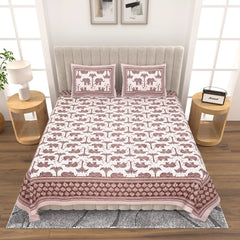 Jaipuri Cotton Double Bed Sheet with 2 Pillow Covers - elephant with Palms