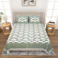 Jaipuri Cotton Double Bed Sheet with 2 Pillow Covers - elephant with Palms