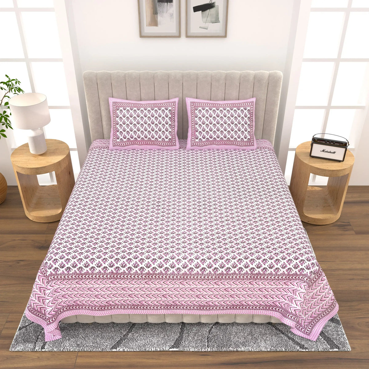 Jaipuri Cotton Double Bed Sheet with 2 Pillow Covers -Hand-block printed motifs