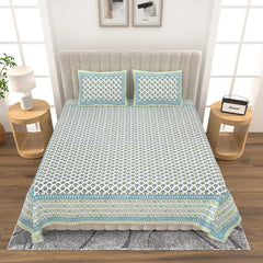 Jaipuri Cotton Double Bed Sheet with 2 Pillow Covers -Hand-block printed motifs