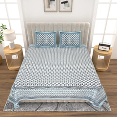Jaipuri Cotton Double Bed Sheet with 2 Pillow Covers -Hand-block printed motifs