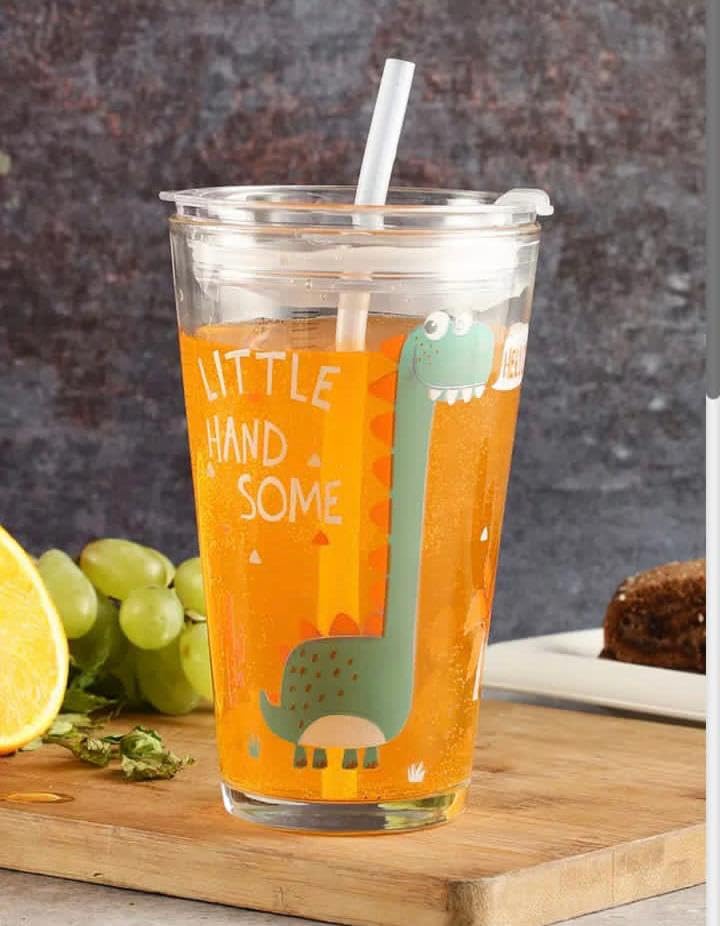Dinosaur Printed Sipper Glass with Straw - 350ML, Fun & Colorful sipper for kids image 4